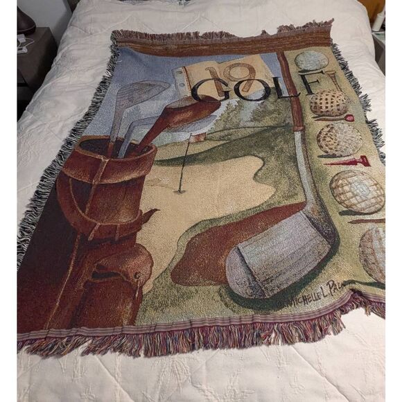 Simply Home Golf Tweed Fringe Tapestry Blanket Vintage 60” X 50” Michelle Palmer - Picture 2 of 7